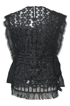 Black semi-sheer polyester floral eyelash lace sweetheart blouse with scalloped hem