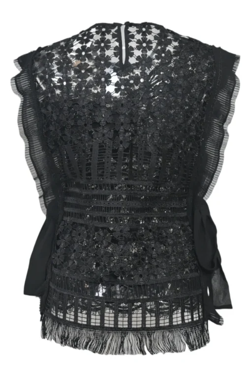 Black semi-sheer polyester floral eyelash lace sweetheart blouse with scalloped hem