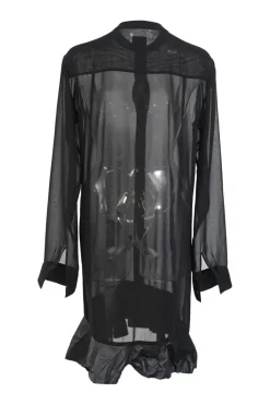 Black semi-sheer polyester georgette band collar button-front shirtdress with leather ruffle hem