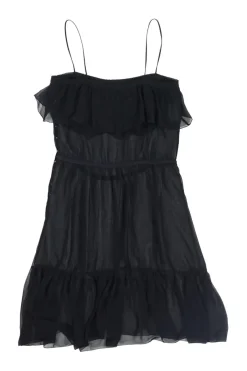 Black semi-sheer polyester georgette tiered blouson slip dress with fixed spaghetti straps