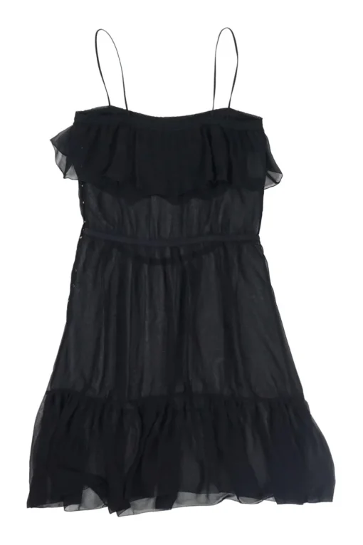 Black semi-sheer polyester georgette tiered blouson slip dress with fixed spaghetti straps