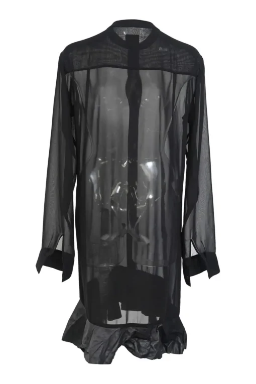 Black semi-sheer polyester georgette band collar button-front shirtdress with leather ruffle hem