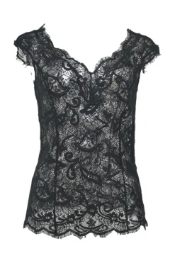Black semi-sheer polyester floral eyelash lace sweetheart blouse with scalloped hem