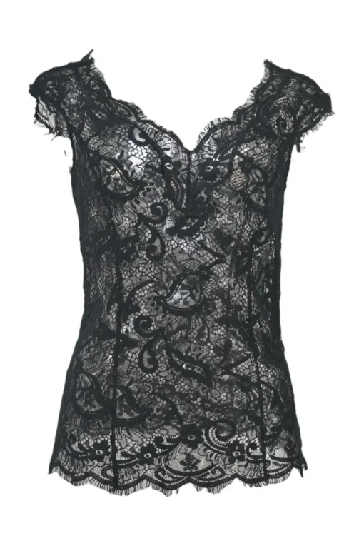Black semi-sheer polyester floral eyelash lace sweetheart blouse with scalloped hem
