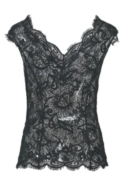 Black semi-sheer polyester floral eyelash lace sweetheart blouse with scalloped hem