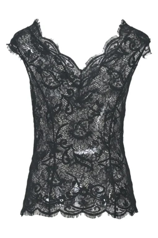 Black semi-sheer polyester floral eyelash lace sweetheart blouse with scalloped hem
