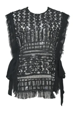 Black semi-sheer polyester floral eyelash lace sweetheart blouse with scalloped hem