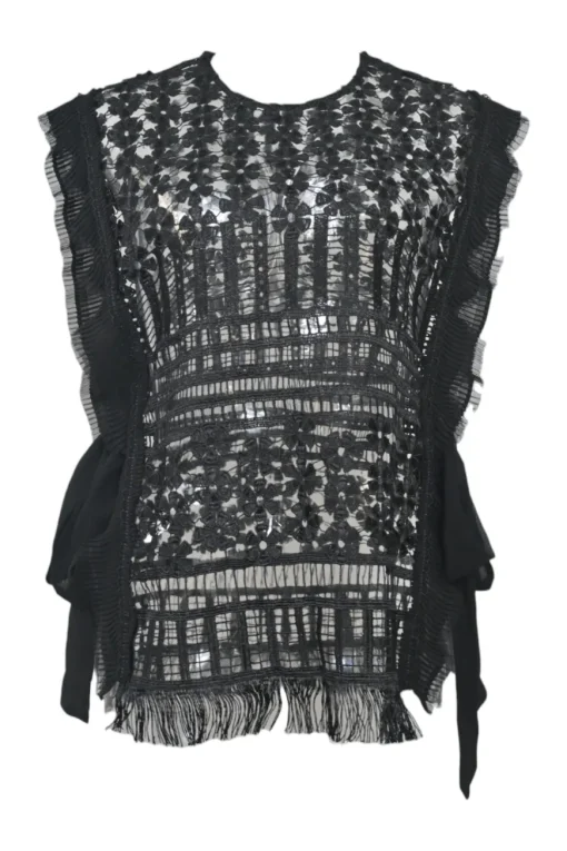 Black semi-sheer polyester floral eyelash lace sweetheart blouse with scalloped hem