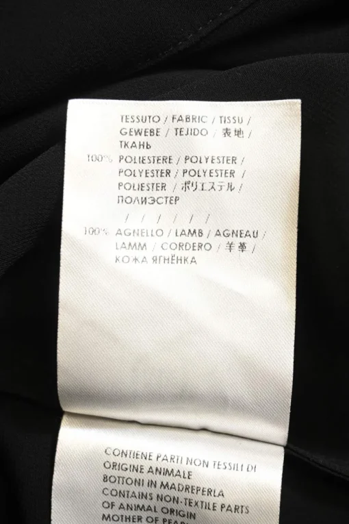 Black semi-sheer polyester georgette band collar button-front shirtdress with leather ruffle hem