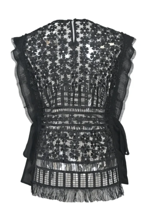 Black semi-sheer polyester floral eyelash lace sweetheart blouse with scalloped hem