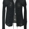 Black semi-sheer ruched silk open-front fringe blouse