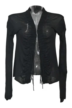 Black semi-sheer ruched silk open-front fringe blouse