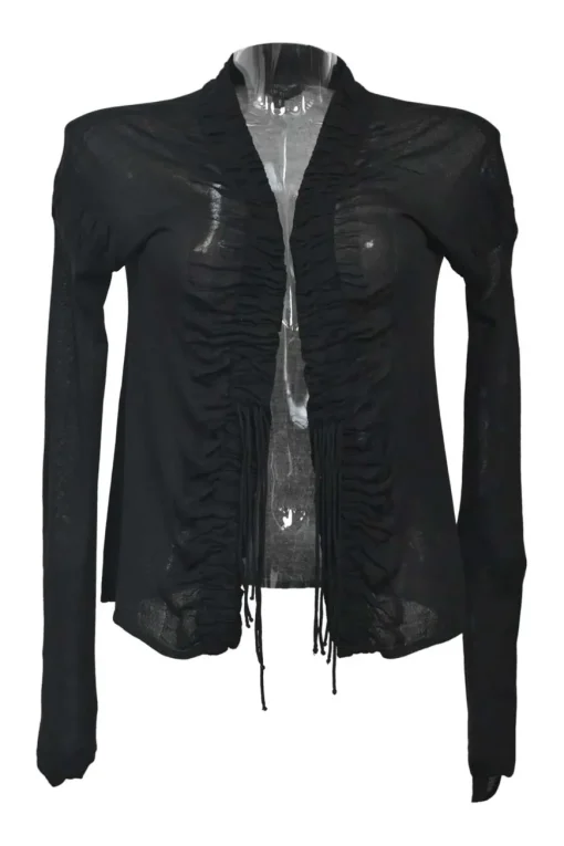 Black semi-sheer ruched silk open-front fringe blouse