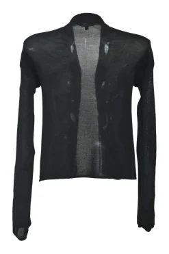 Black semi-sheer ruched silk open-front fringe blouse