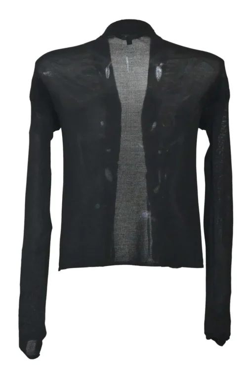 Black semi-sheer ruched silk open-front fringe blouse