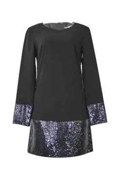Black sequin-embellished acetate-blend scoop neck bell sleeve swing-style shift dress