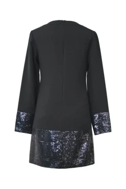 Black sequin-embellished acetate-blend scoop neck bell sleeve swing-style shift dress