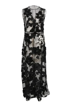 Black sequin-embellished silk tulle peek-a-boo jewel neck gown with contrasting slip insert