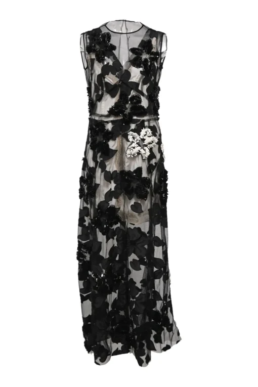 Black sequin-embellished silk tulle peek-a-boo jewel neck gown with contrasting slip insert