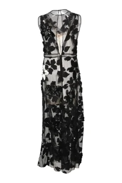 Black sequin-embellished silk tulle peek-a-boo jewel neck gown with contrasting slip insert