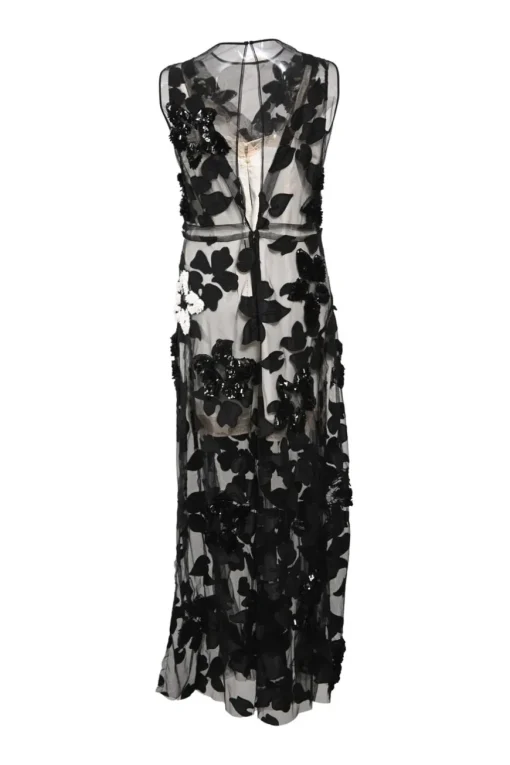 Black sequin-embellished silk tulle peek-a-boo jewel neck gown with contrasting slip insert