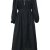 Black sheer cotton gathered V-neck full-zipped centre front closure ruched long sleeve blouson maxi dress