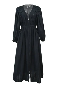 Black sheer cotton gathered V-neck full-zipped centre front closure ruched long sleeve blouson maxi dress
