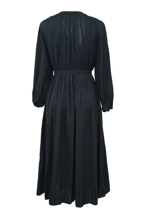 Black sheer cotton gathered V-neck full-zipped centre front closure ruched long sleeve blouson maxi dress