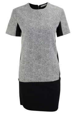 Black short sleeve shift dress with panel of off-white and black metallic fabric