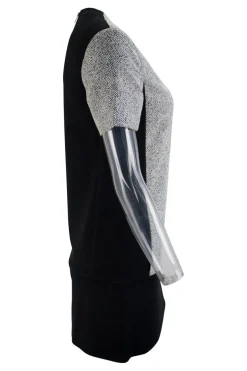 Black short sleeve shift dress with panel of off-white and black metallic fabric