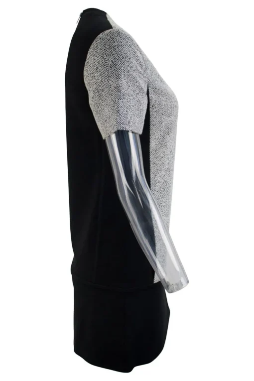 Black short sleeve shift dress with panel of off-white and black metallic fabric