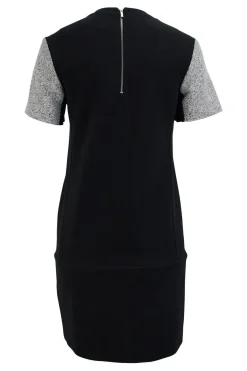 Black short sleeve shift dress with panel of off-white and black metallic fabric
