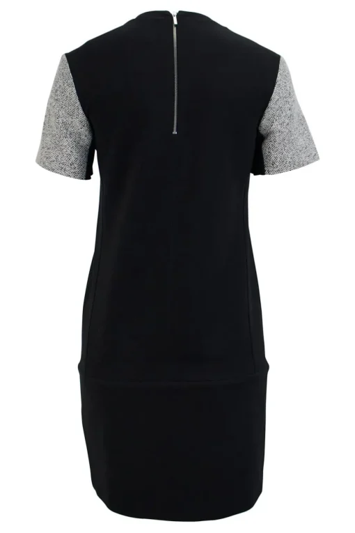 Black short sleeve shift dress with panel of off-white and black metallic fabric