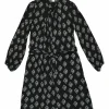 Black silk abstract floral print tie-waist pussy-bow shirt dress
