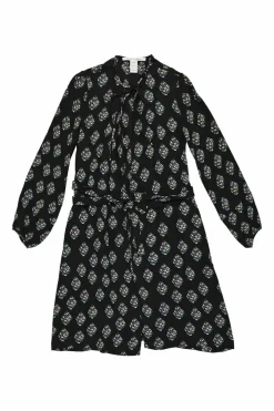 Black silk abstract floral print tie-waist pussy-bow shirt dress