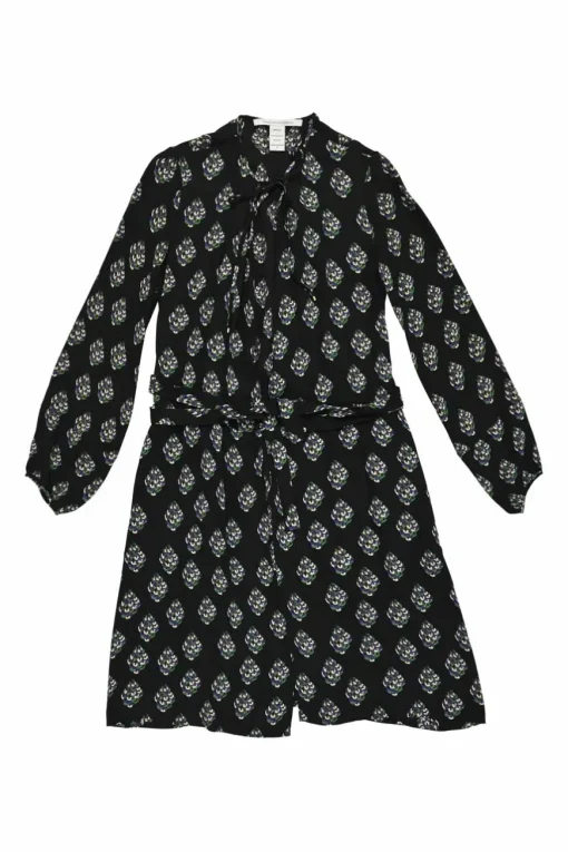 Black silk abstract floral print tie-waist pussy-bow shirt dress