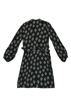 Black silk abstract floral print tie-waist pussy-bow shirt dress
