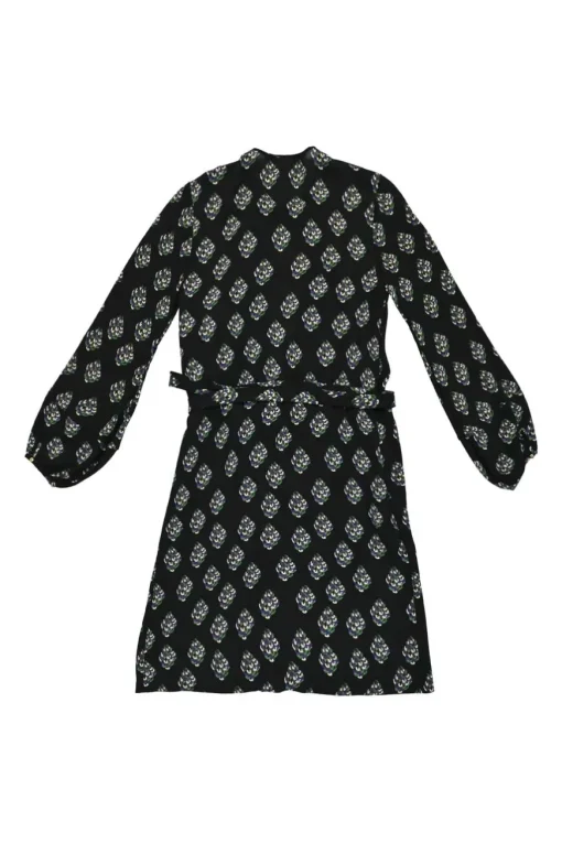 Black silk abstract floral print tie-waist pussy-bow shirt dress