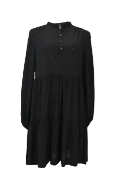 Black silk band collar half-button long sleeve tiered shift dress with metallic button loop fastening