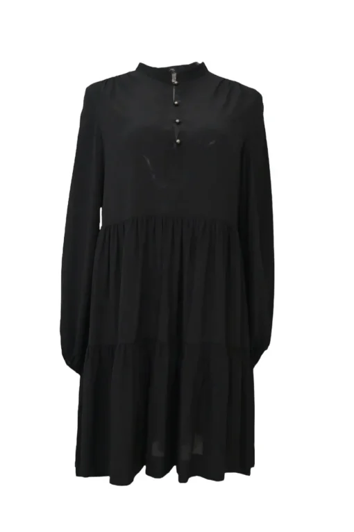 Black silk band collar half-button long sleeve tiered shift dress with metallic button loop fastening