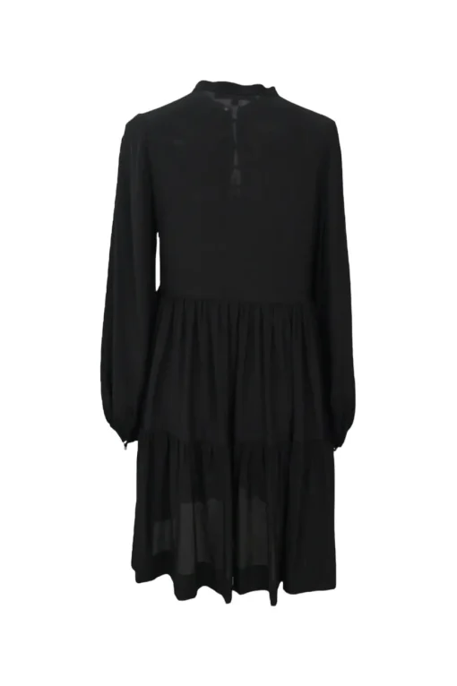 Black silk band collar half-button long sleeve tiered shift dress with metallic button loop fastening