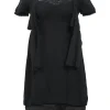 Black silk bi-layer effect tie-front empire waist bubble dress with raw-edge tulip sleeves and fur-trimmed skirt