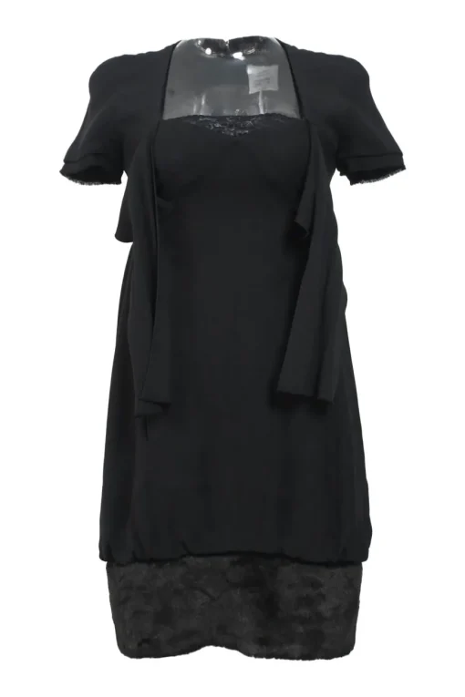 Black silk bi-layer effect tie-front empire waist bubble dress with raw-edge tulip sleeves and fur-trimmed skirt
