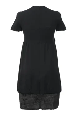 Black silk bi-layer effect tie-front empire waist bubble dress with raw-edge tulip sleeves and fur-trimmed skirt