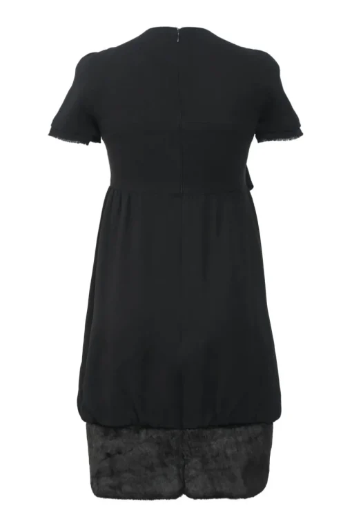 Black silk bi-layer effect tie-front empire waist bubble dress with raw-edge tulip sleeves and fur-trimmed skirt