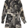 Black silk Dreamscape collage print band collar half-button mini dress with exaggerated bishop sleeves