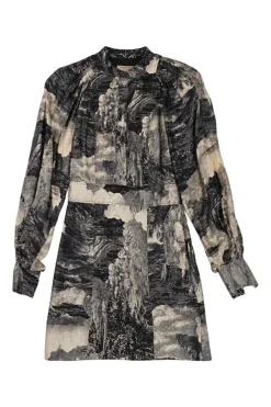 Black silk Dreamscape collage print band collar half-button mini dress with exaggerated bishop sleeves