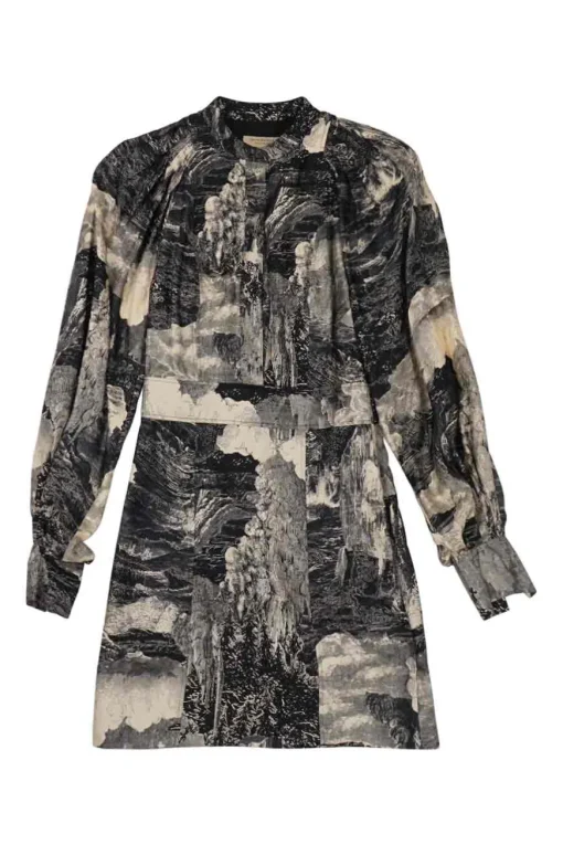 Black silk Dreamscape collage print band collar half-button mini dress with exaggerated bishop sleeves