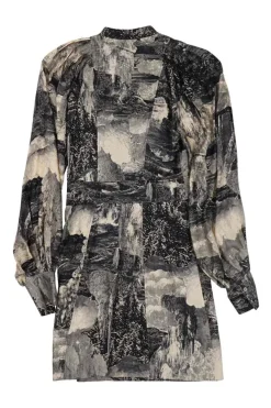 Black silk Dreamscape collage print band collar half-button mini dress with exaggerated bishop sleeves