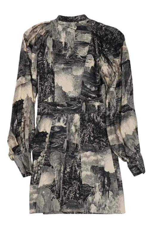Black silk Dreamscape collage print band collar half-button mini dress with exaggerated bishop sleeves